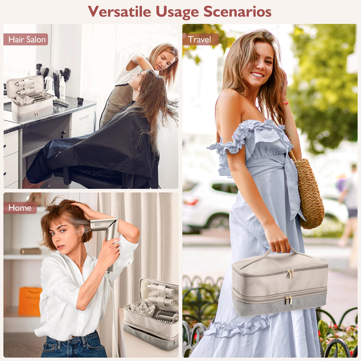 A woman uses a double-layer travel storage bag for her hair dryer and accessories in various scenarios.