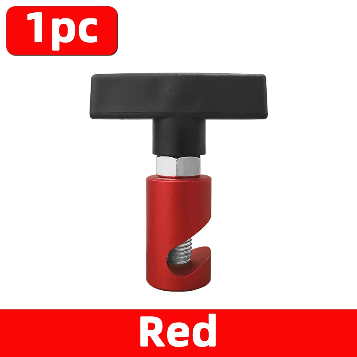 A red metal hood lift support clip with a black plastic top and silver threaded base.