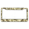 A rectangular license plate frame with a camouflage pattern, designed to hold a car tag.