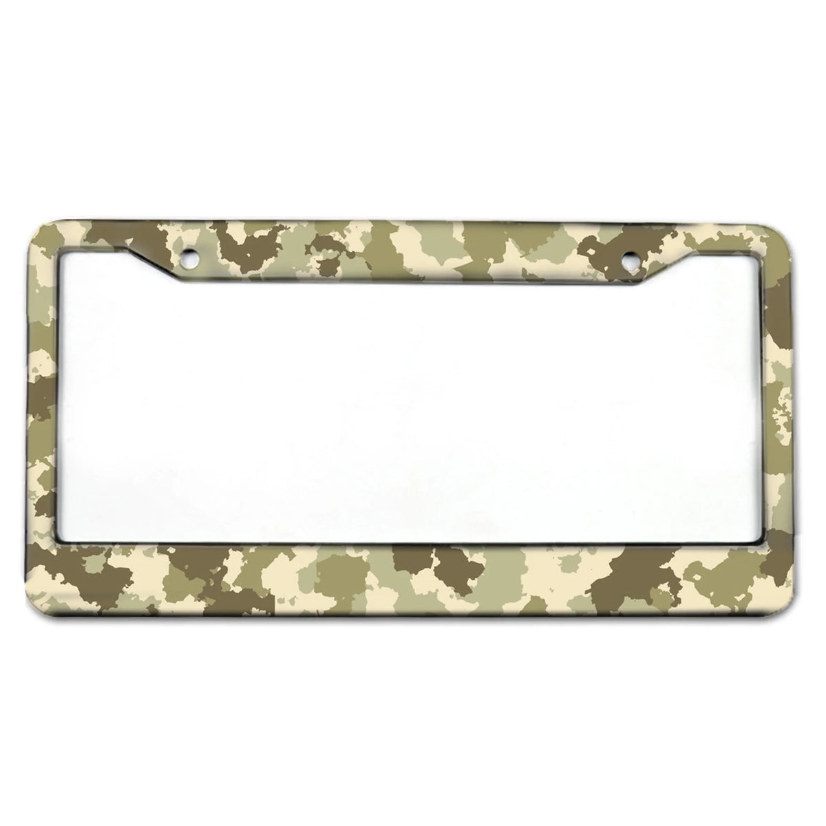 A rectangular license plate frame with a camouflage pattern, designed to hold a car tag.