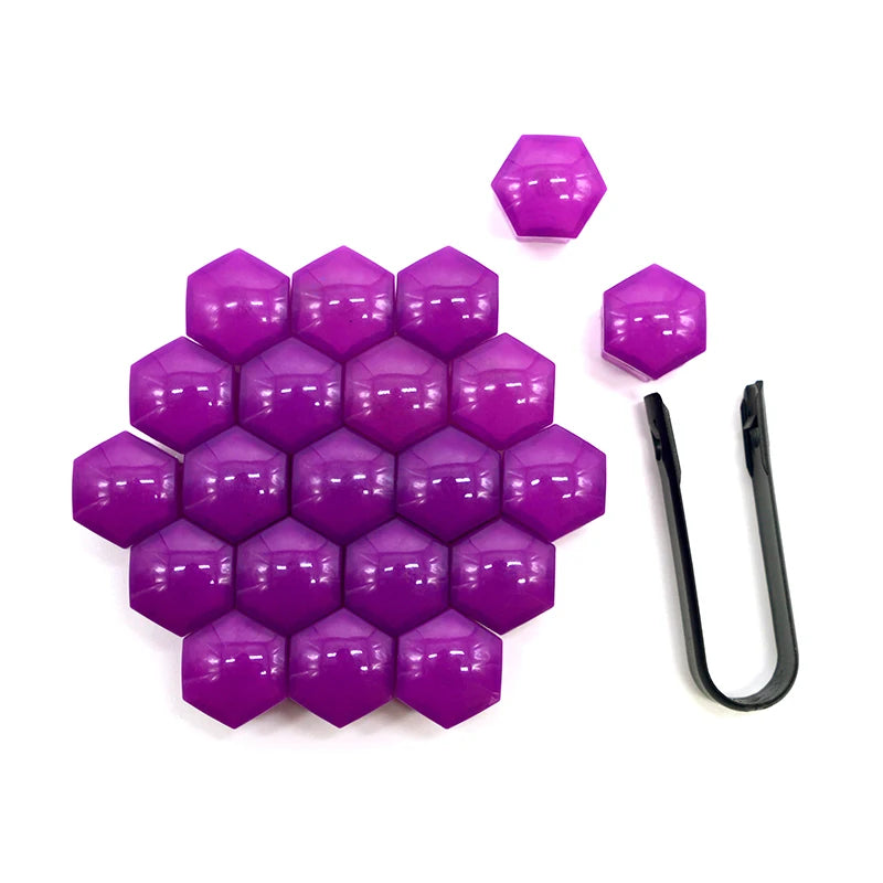 A collection of twenty purple hexagonal car wheel nut cap covers arranged in a cluster.
