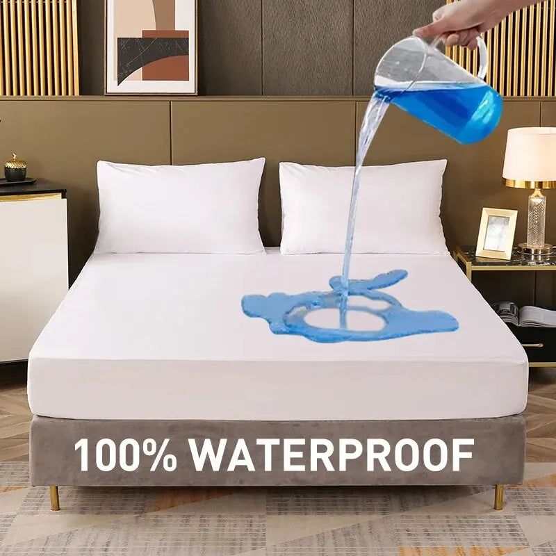 A white mattress protector is shown being filled with water, demonstrating its waterproof feature.