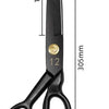 A pair of black professional heavy-duty fabric shears for tailoring and leatherwork with a gold-colored rivet.