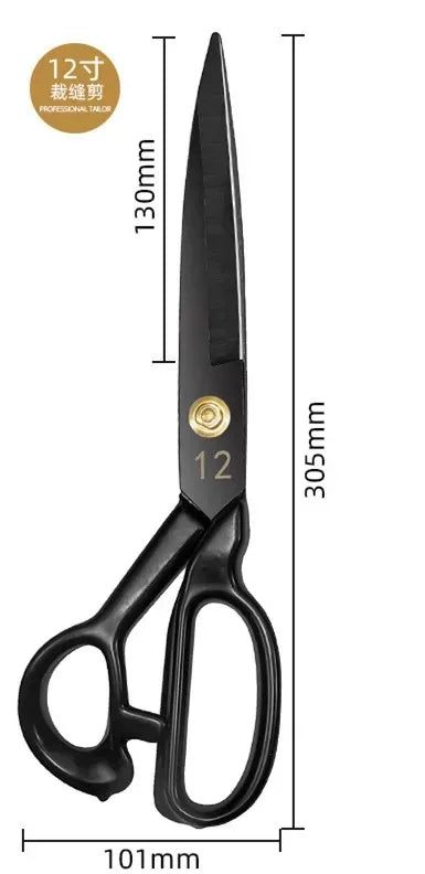 A pair of black professional heavy-duty fabric shears for tailoring and leatherwork with a gold-colored rivet.