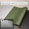 A green premium PU leather desk mat shown in a close-up view with various size options displayed.