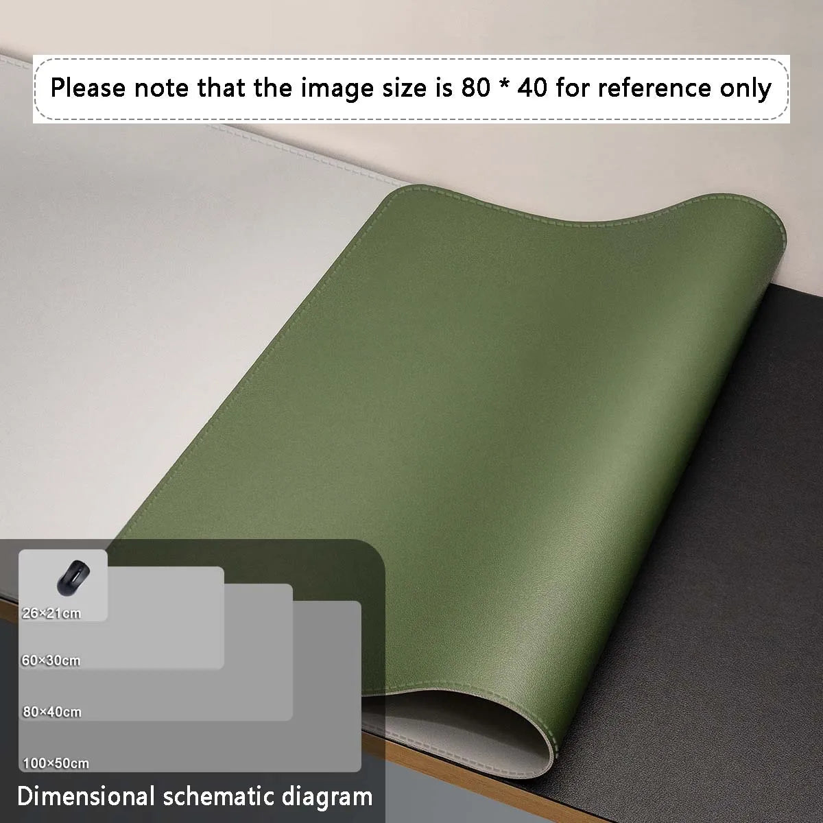 A green premium PU leather desk mat shown in a close-up view with various size options displayed.