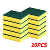 Ten green and yellow dual-sided scrub sponges stacked together