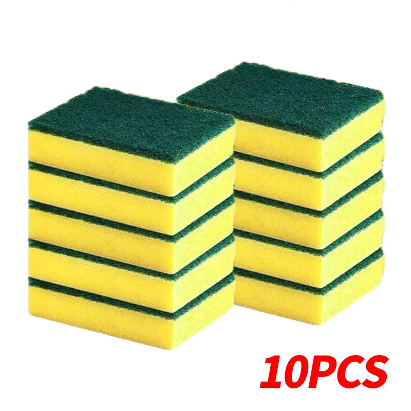 Ten green and yellow dual-sided scrub sponges stacked together