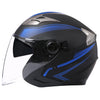 A black motorcycle helmet with blue accents and a clear visor shown from the side.