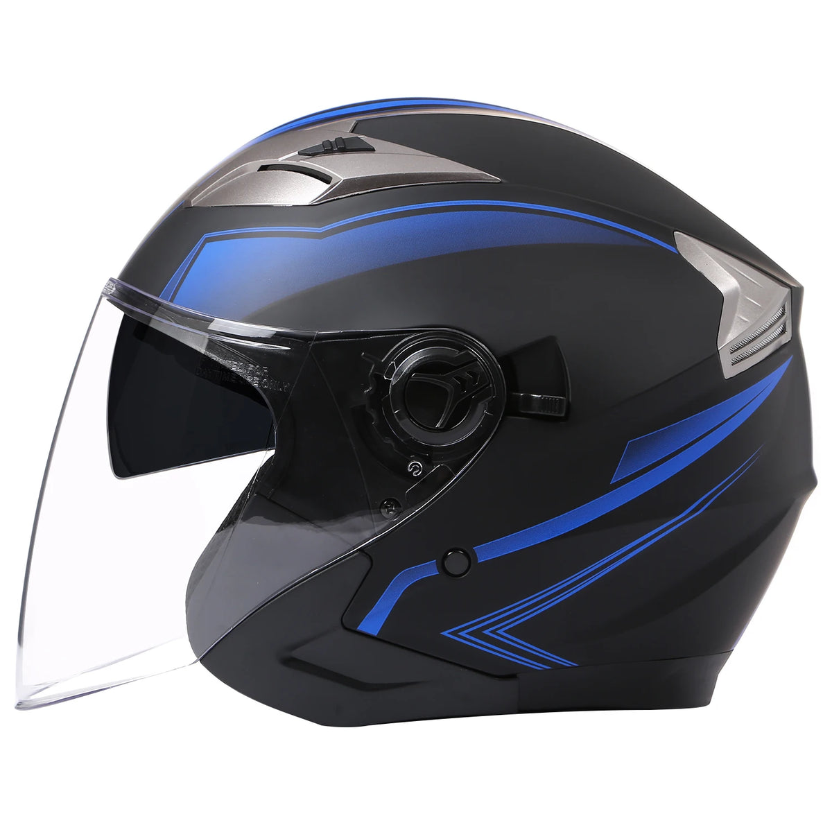 A black motorcycle helmet with blue accents and a clear visor shown from the side.