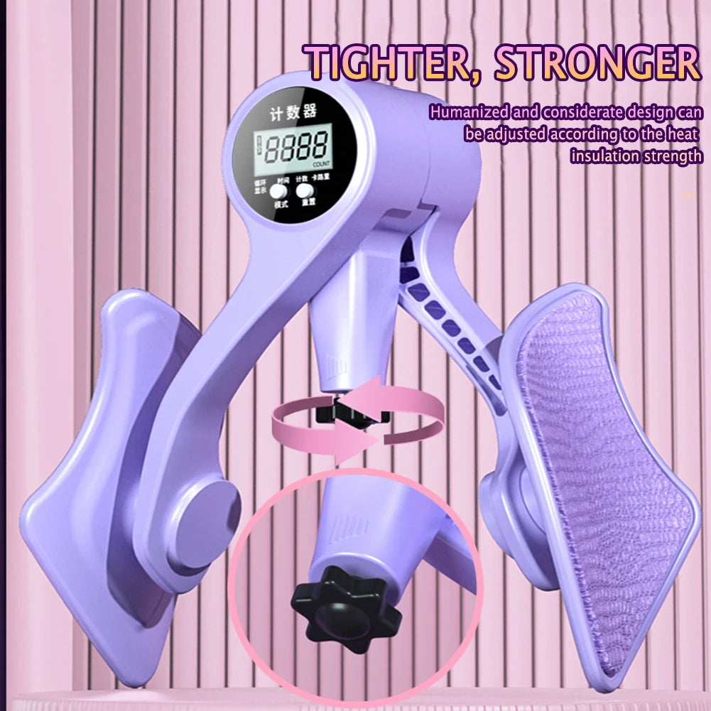A purple adjustable hip and thigh trainer with a digital display and textured padding.