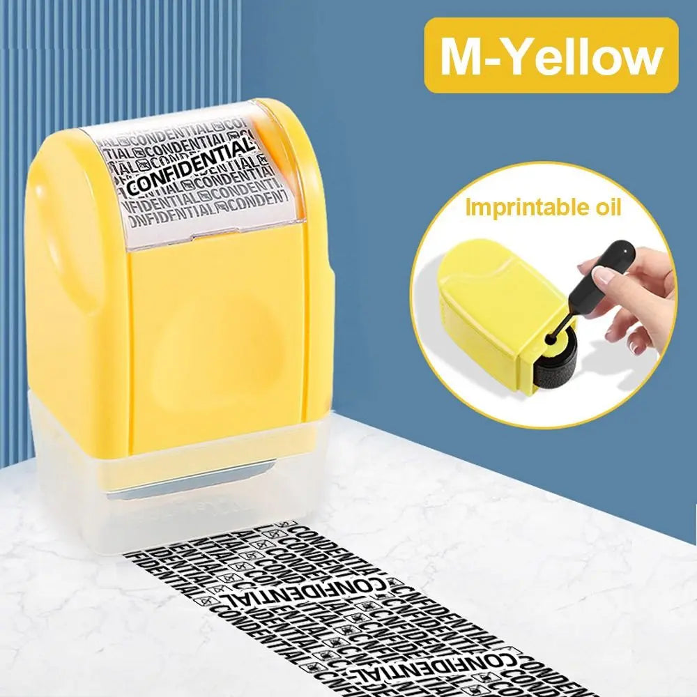 Yellow roller identity protection stamp with an imprintable oil, shown next to a privacy strip.