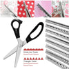A set of professional stainless steel pinking shears with various tooth patterns for fabric crafting.