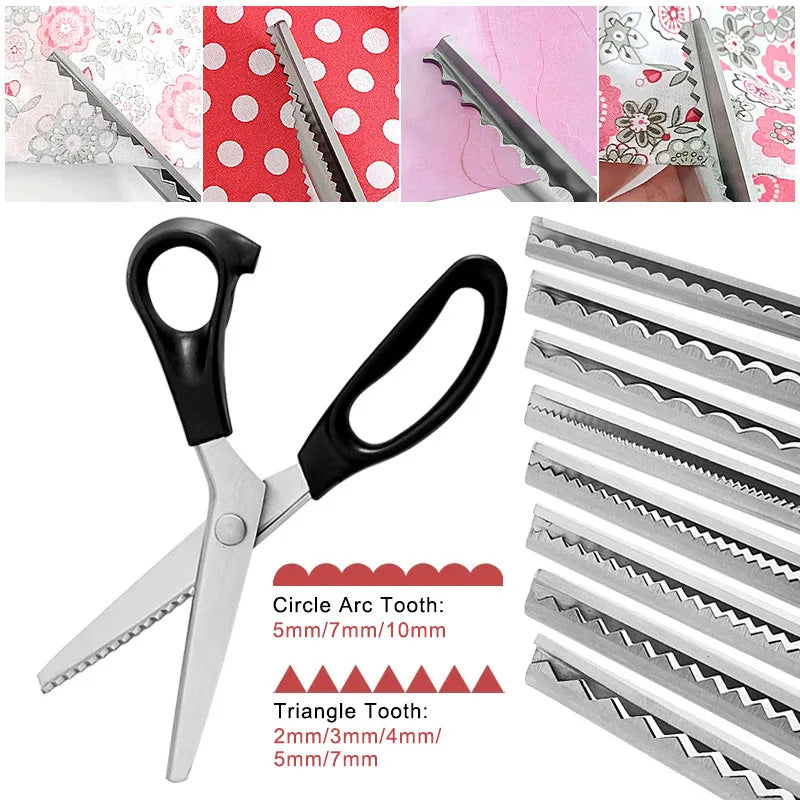 A set of professional stainless steel pinking shears with various tooth patterns for fabric crafting.