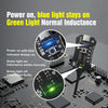 A circuit board showing a blue light on normal inductance and a green light indicating an inductance fault.