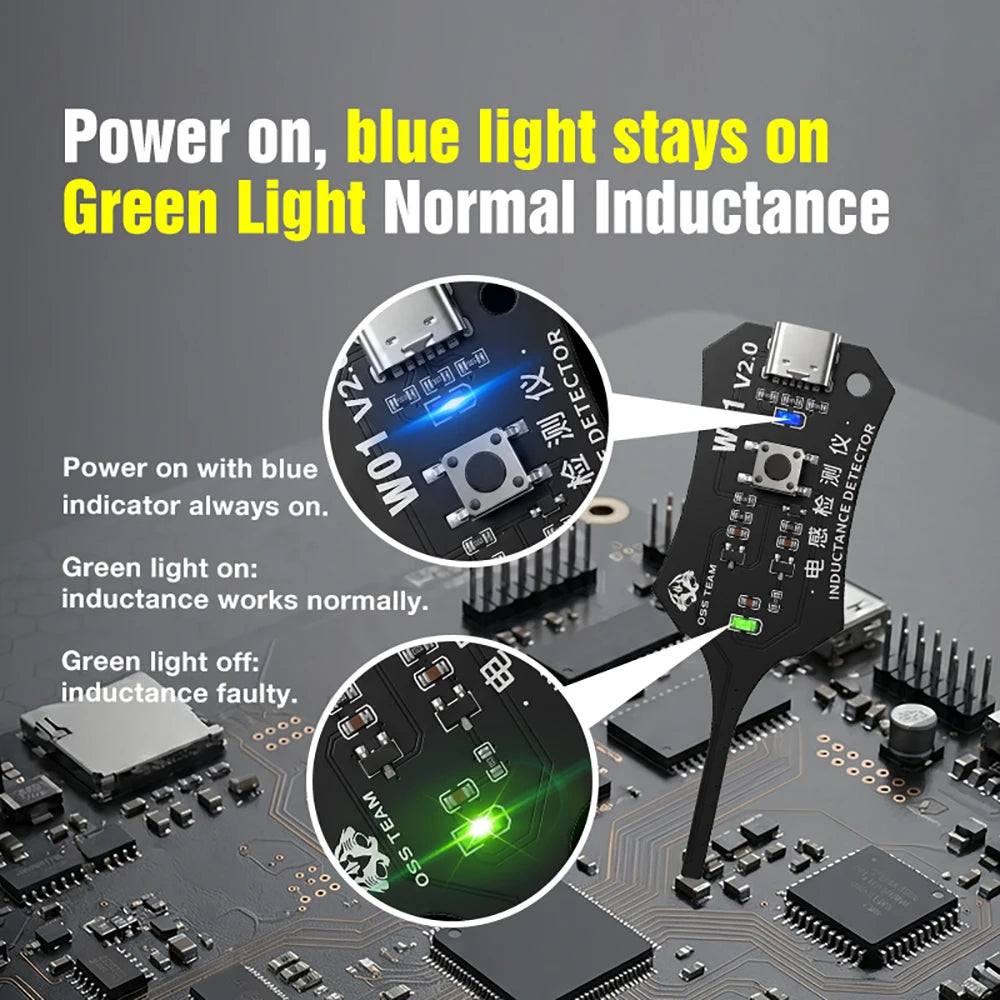 A circuit board showing a blue light on normal inductance and a green light indicating an inductance fault.