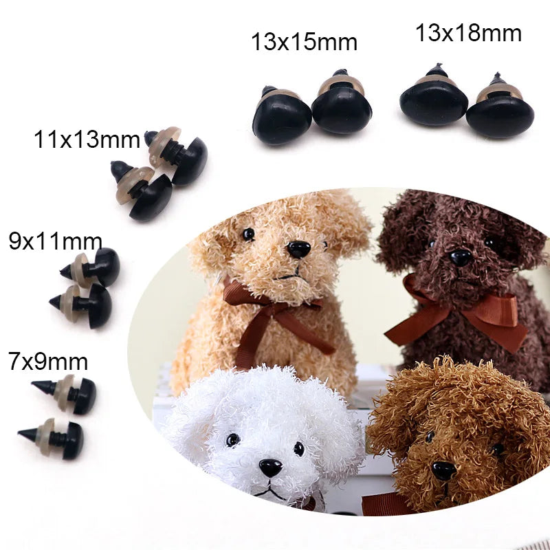 A collection of black safety noses with various sizes and washers for stuffed animals and DIY crafts.