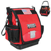 A red and black heavy-duty tool bag featuring an American flag patch and multiple pockets.