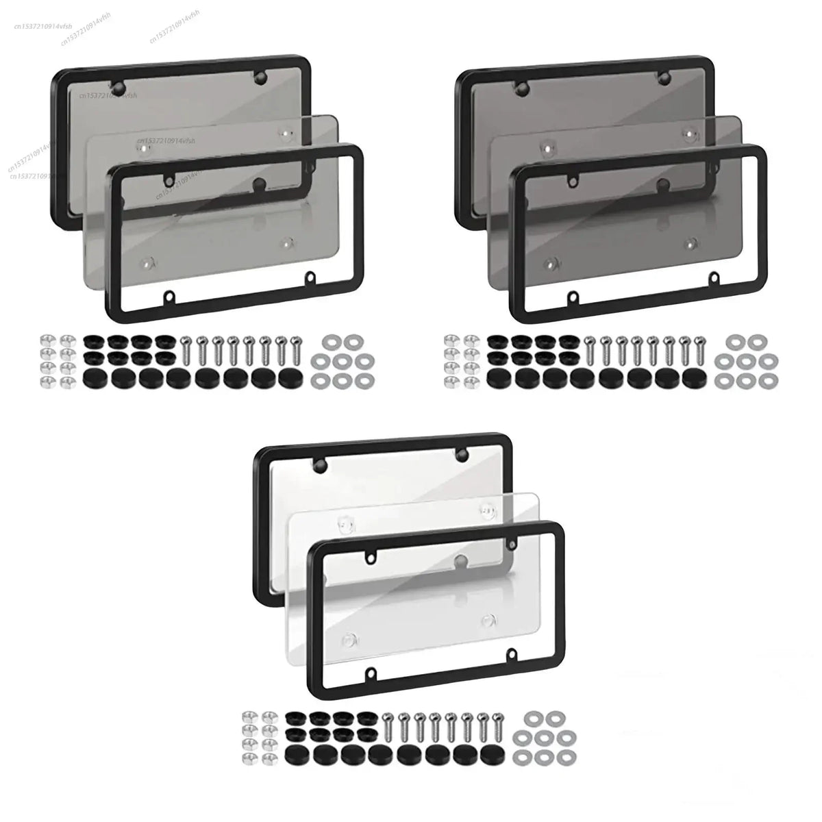 Two sets of tinted license plate protectors shown with various mounting hardware and protective plates.