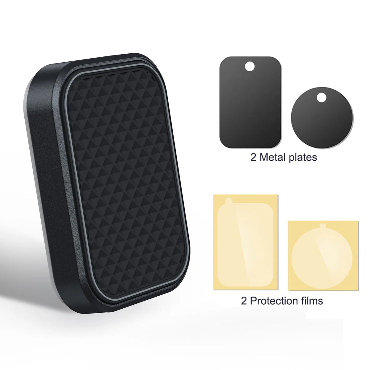 Support magnétique mince noir pour téléphone, avec deux plaques métalliques et deux films de protection