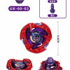 Red metal spinning top battle toy with launcher and various components shown in different angles