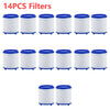 A set of fourteen white and blue faucet water filters in cylindrical packaging.