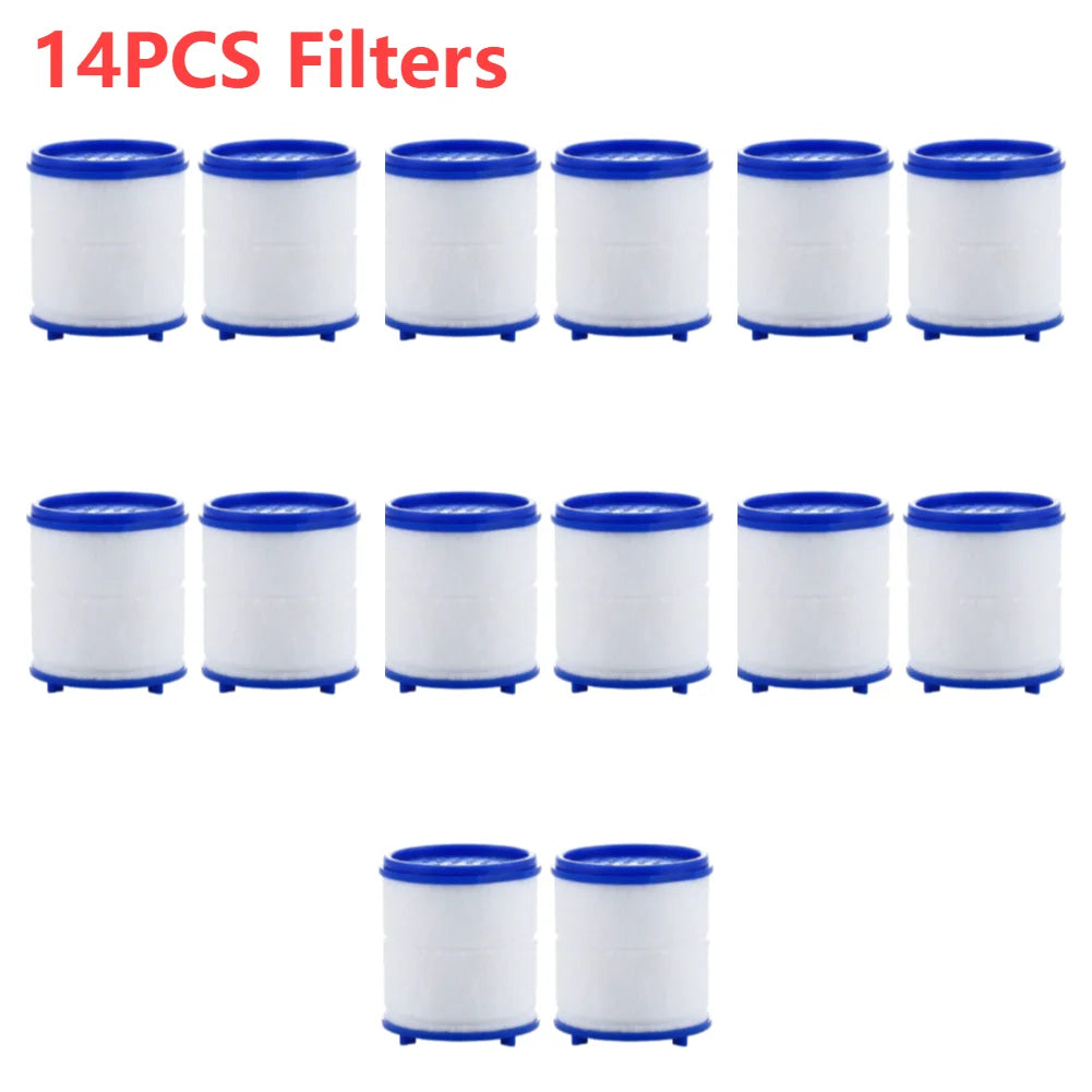 A set of fourteen white and blue faucet water filters in cylindrical packaging.