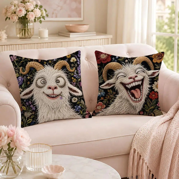 A decorative pillow featuring a realistic, screaming goat face with large teeth and expressive eyes.