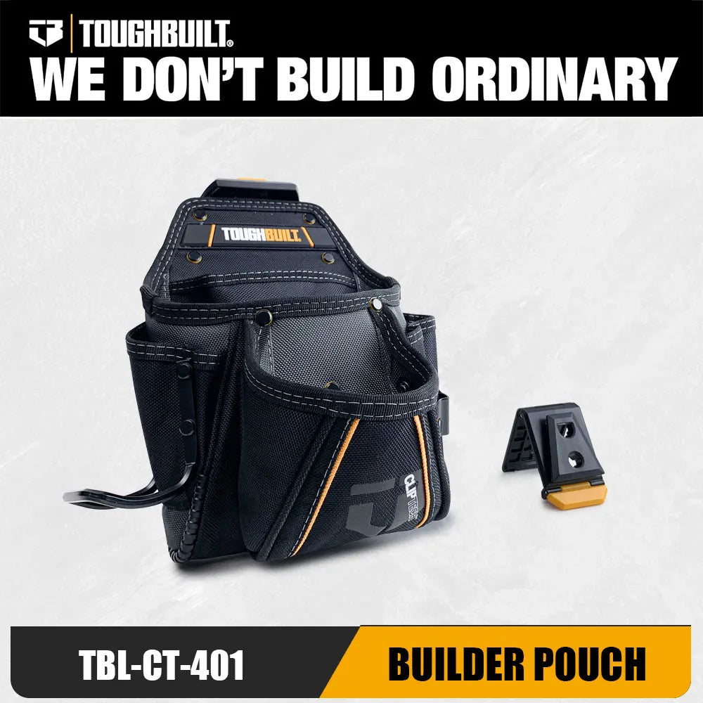 A black ToughBuilt builder pouch labeled TBL-CT-401 with an attached clip and hammer loop.
