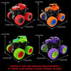 Four models of off-road stunt cars in red, orange, green, and purple with various wheel sizes