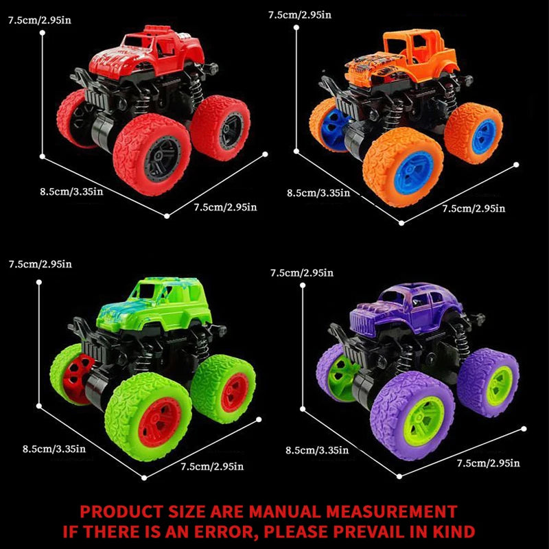 Four models of off-road stunt cars in red, orange, green, and purple with various wheel sizes