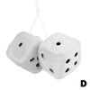 White plush velvet dice shaped like a cube with black dots, suspended by a white string.
