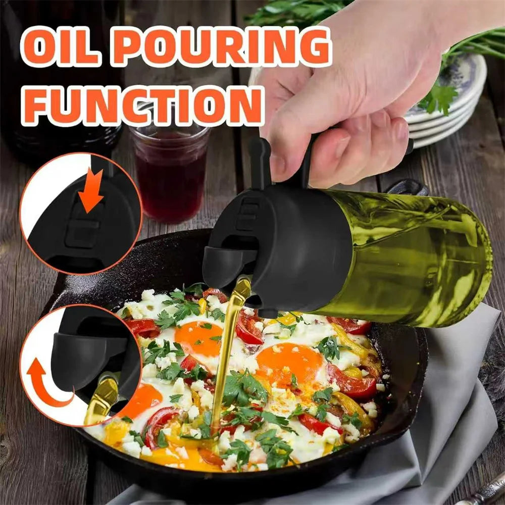 A hand is pouring olive oil from a dark green glass bottle into a pan of food, demonstrating the oil pouring function.