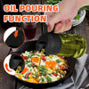 A hand is pouring olive oil from a dark green glass bottle into a pan of food, demonstrating the oil pouring function.