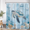 A light blue shower curtain featuring illustrations of a sea turtle and various marine life against a watery background.