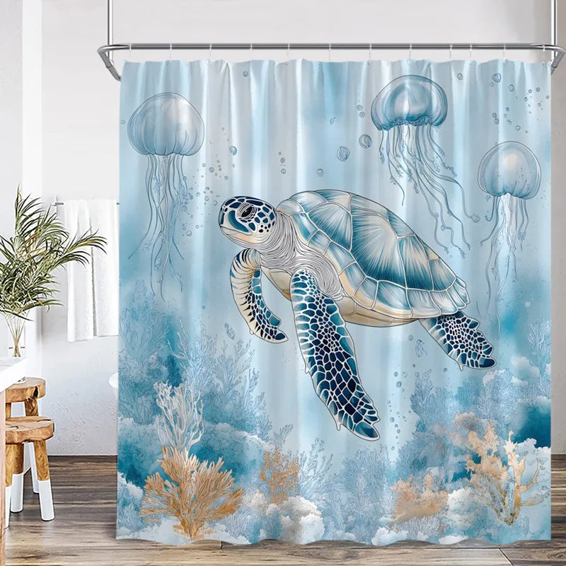 A light blue shower curtain featuring illustrations of a sea turtle and various marine life against a watery background.