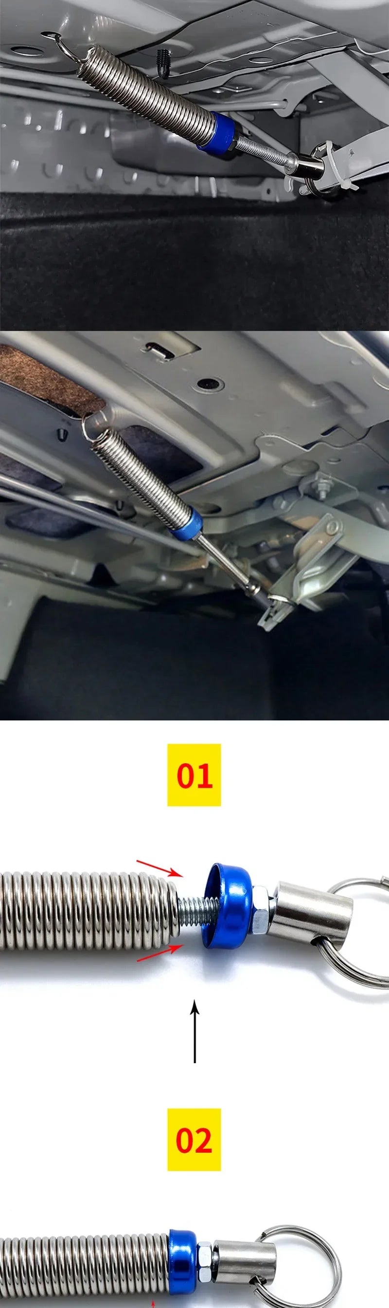 Close-up view of a universal adjustable trunk lift spring kit showing the coiled spring and mounting hardware.