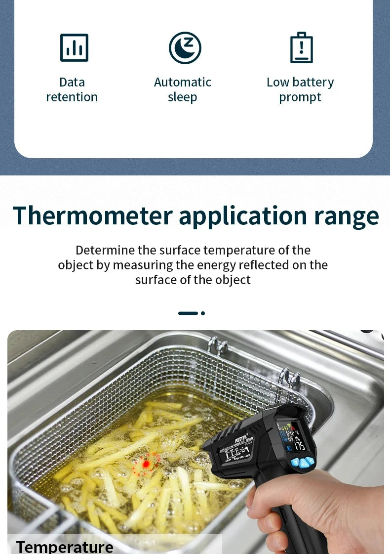 A hand holds a digital infrared thermometer measuring the temperature of french fries in a metal tray.