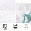 White shower curtain featuring a seahorse and coral reef design, shown with ironing and drying options.