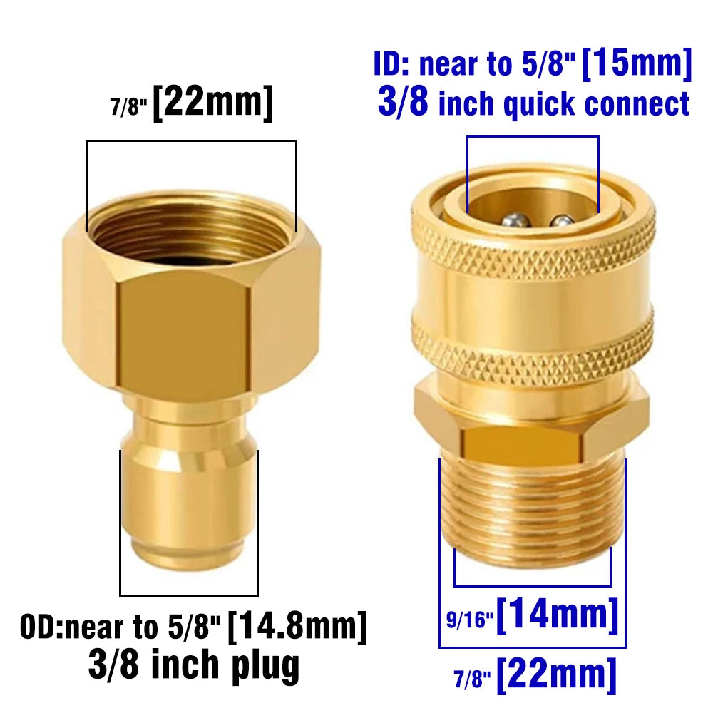 A set of brass adapters including a 7/8 inch plug and an ID near to 5/8 inch quick connect for 3/8 inch fittings.