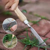 A hand holds a stainless steel garden weeder with a wooden handle, shown alongside close-ups of the tool.
