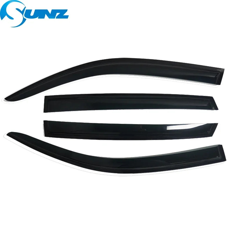 A set of four black side window deflectors for a Hyundai Tucson, shown individually.