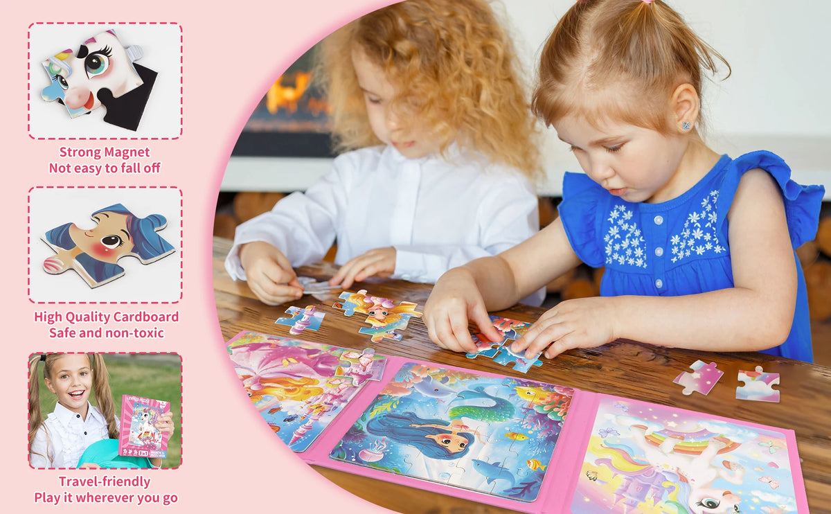 A child is playing with a colorful magnetic puzzle featuring unicorn and mermaid princesses.