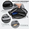 A gray multi-layer compartment sling bag showing various internal and external features like zip bags and storage options.