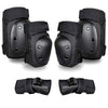 A set of three black protective guards for the knee, elbow, and wrist used in skating and cycling.