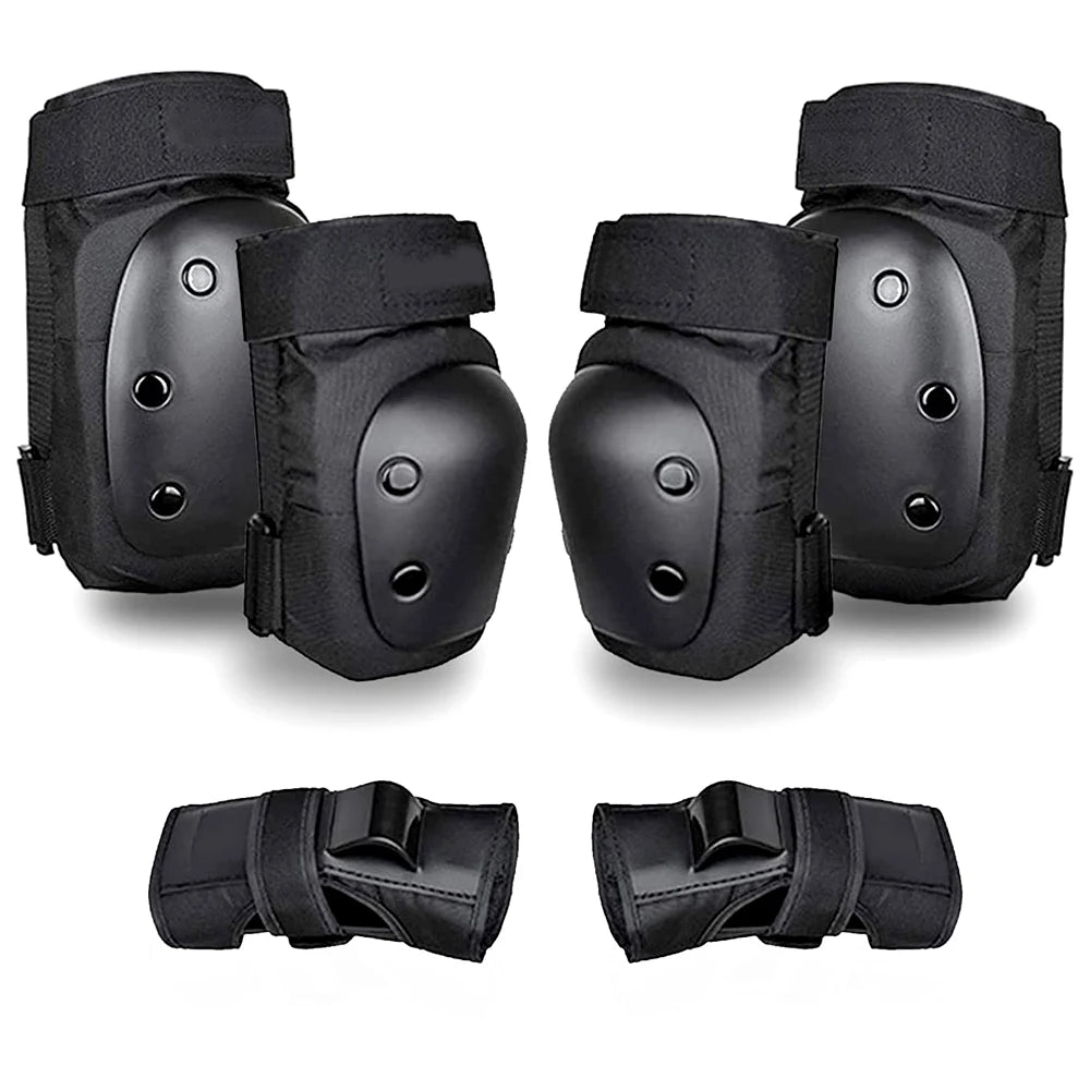 A set of three black protective guards for the knee, elbow, and wrist used in skating and cycling.