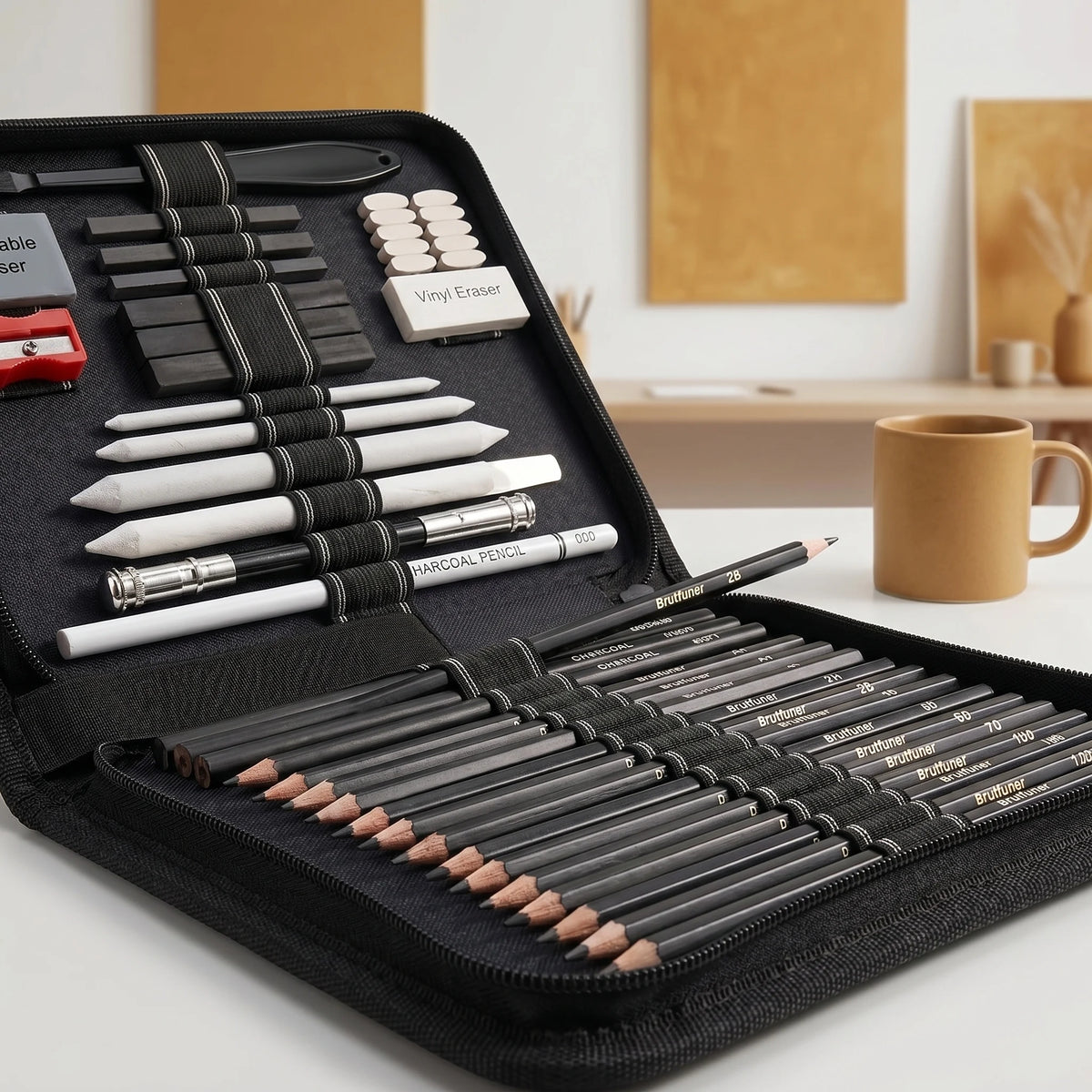 A black drawing sketch kit containing graphite and charcoal pencils, an eraser, and a sketchbook.
