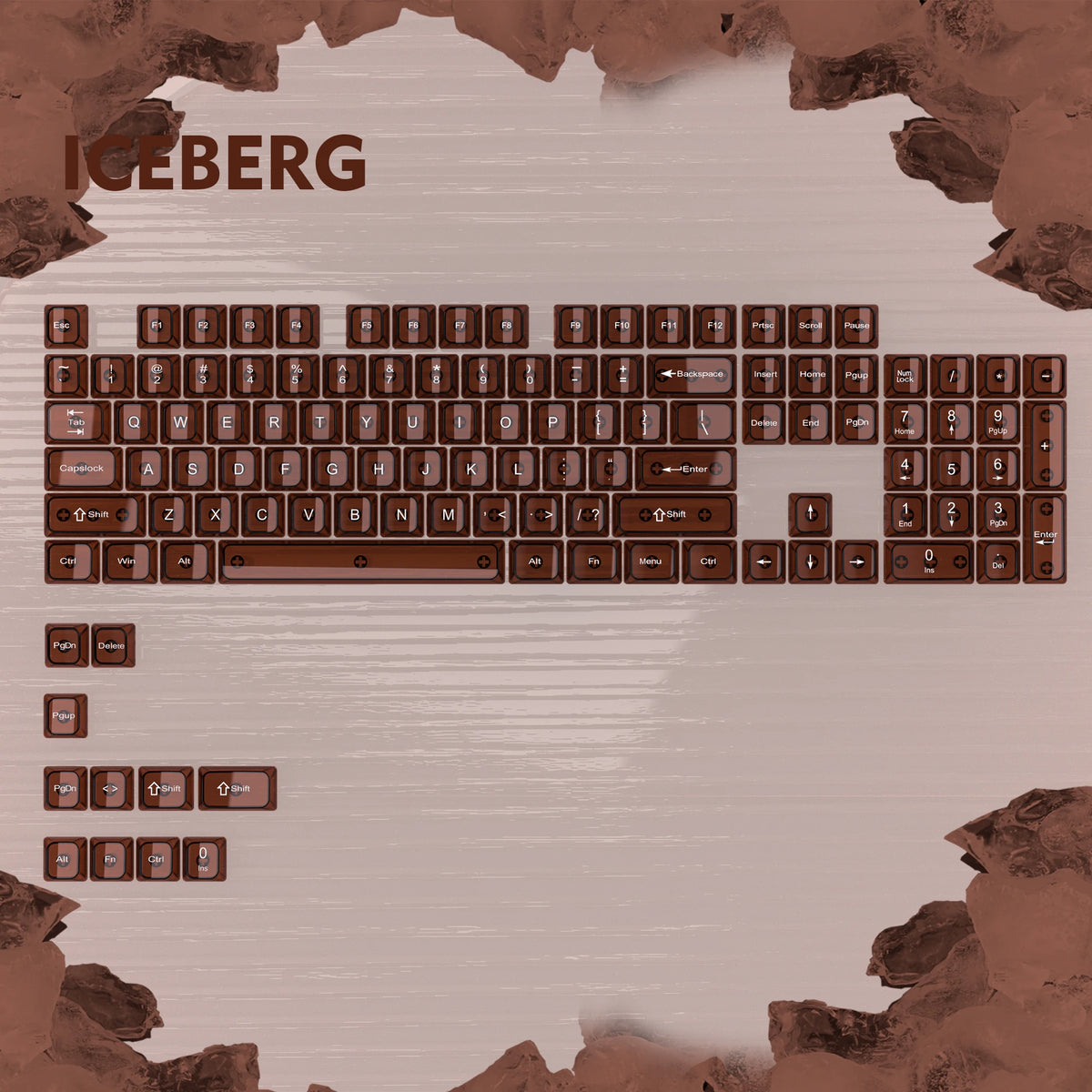 A close-up view of a brown mechanical keyboard featuring an Iceberg theme and crystal clear keycaps.