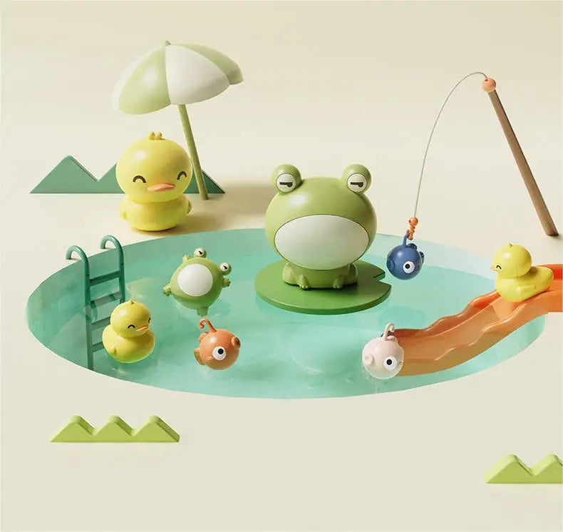 A green and yellow kids electric kitchen sink playset featuring animals, a fishing rod, and running water.