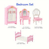 Pink dollhouse furniture set including a wardrobe, a vanity chair, and a bed.